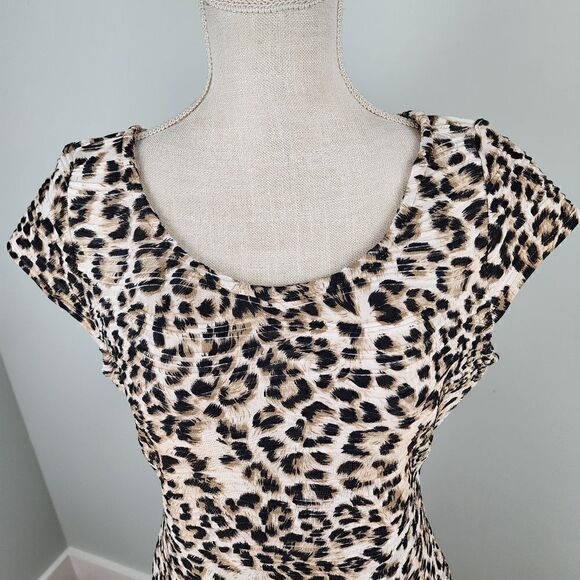 Sharagano Sheath Capped Sleeve Animal Print Bodycon Midi Dress Size 8 - Picture 2 of 7